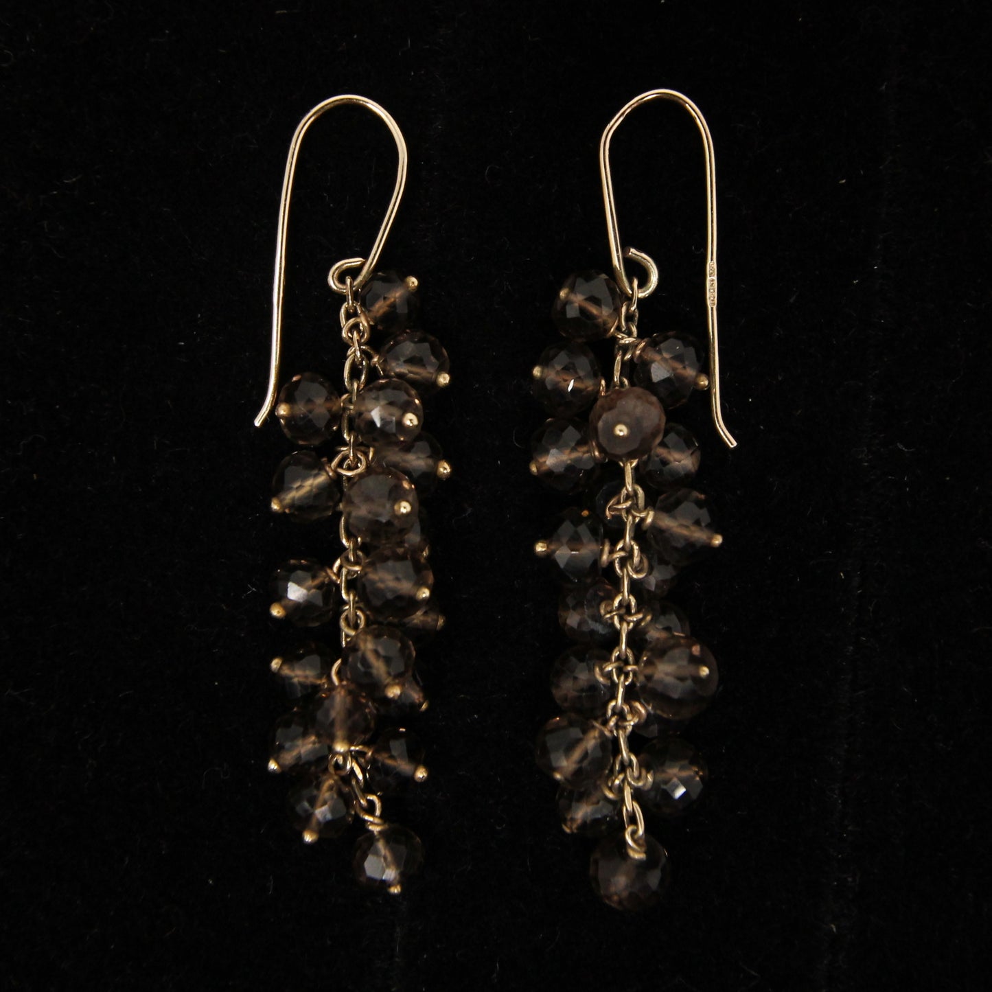 Vintage 1981 Hallmarked Solid 9ct 9k Gold Smoky Quartz Chandelier Drop Hook Earrings