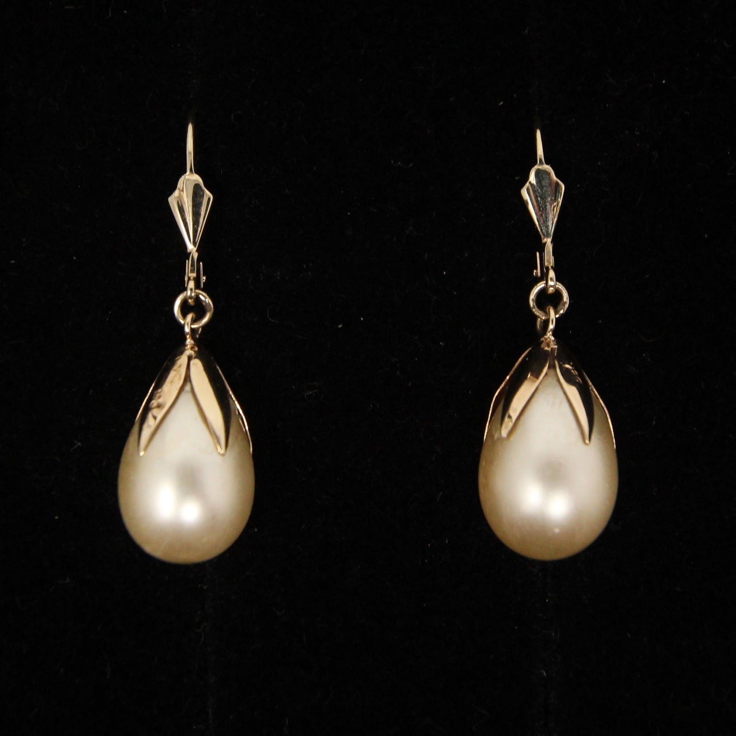 Vintage Hallmarked Solid 9ct 9k Gold Large Faux Pearl Drop Hook Leverback Earrings