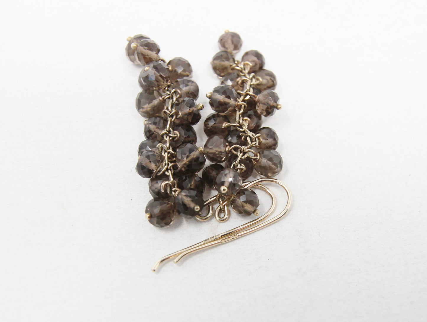 Vintage 1981 Hallmarked Solid 9ct 9k Gold Smoky Quartz Chandelier Drop Hook Earrings