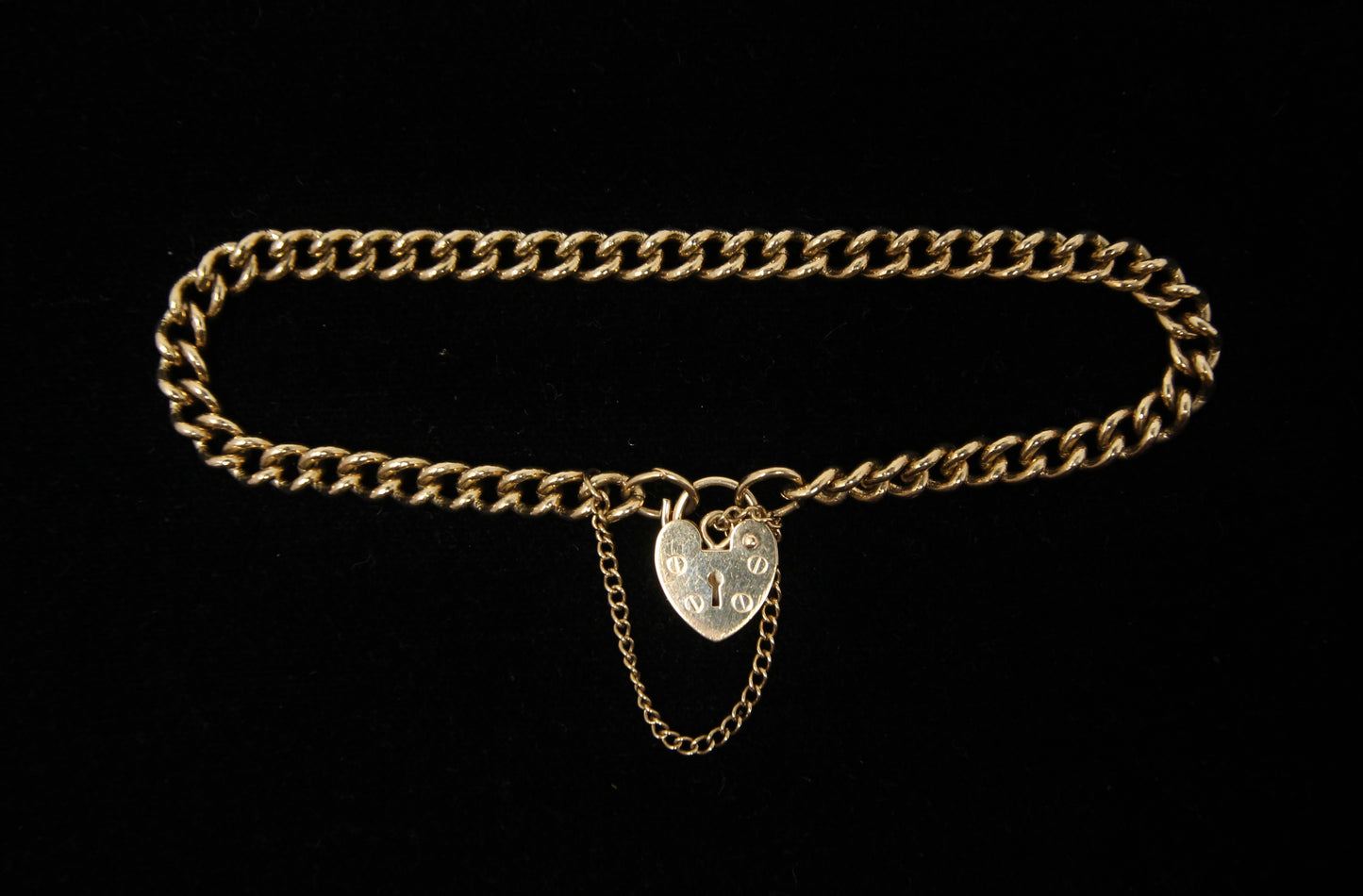 Vintage Hallmarked Solid 9ct 9k Gold Curb Chain Heart Padlock Bracelet 7.4 ''