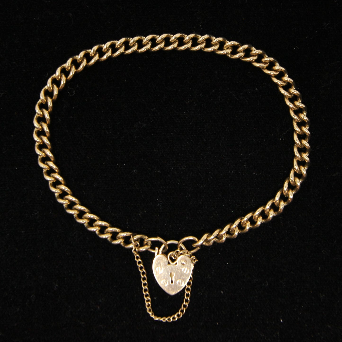 Vintage Hallmarked Solid 9ct 9k Gold Curb Chain Heart Padlock Bracelet 7.4 ''