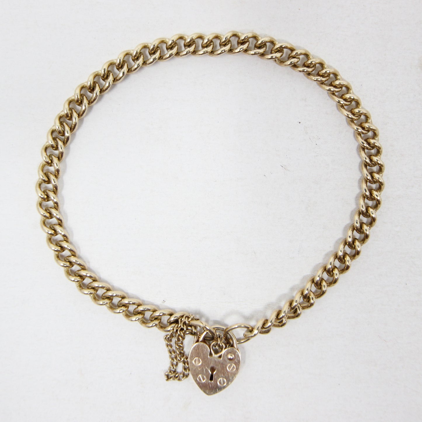 Vintage Hallmarked Solid 9ct 9k Gold Curb Chain Heart Padlock Bracelet 7.4 ''