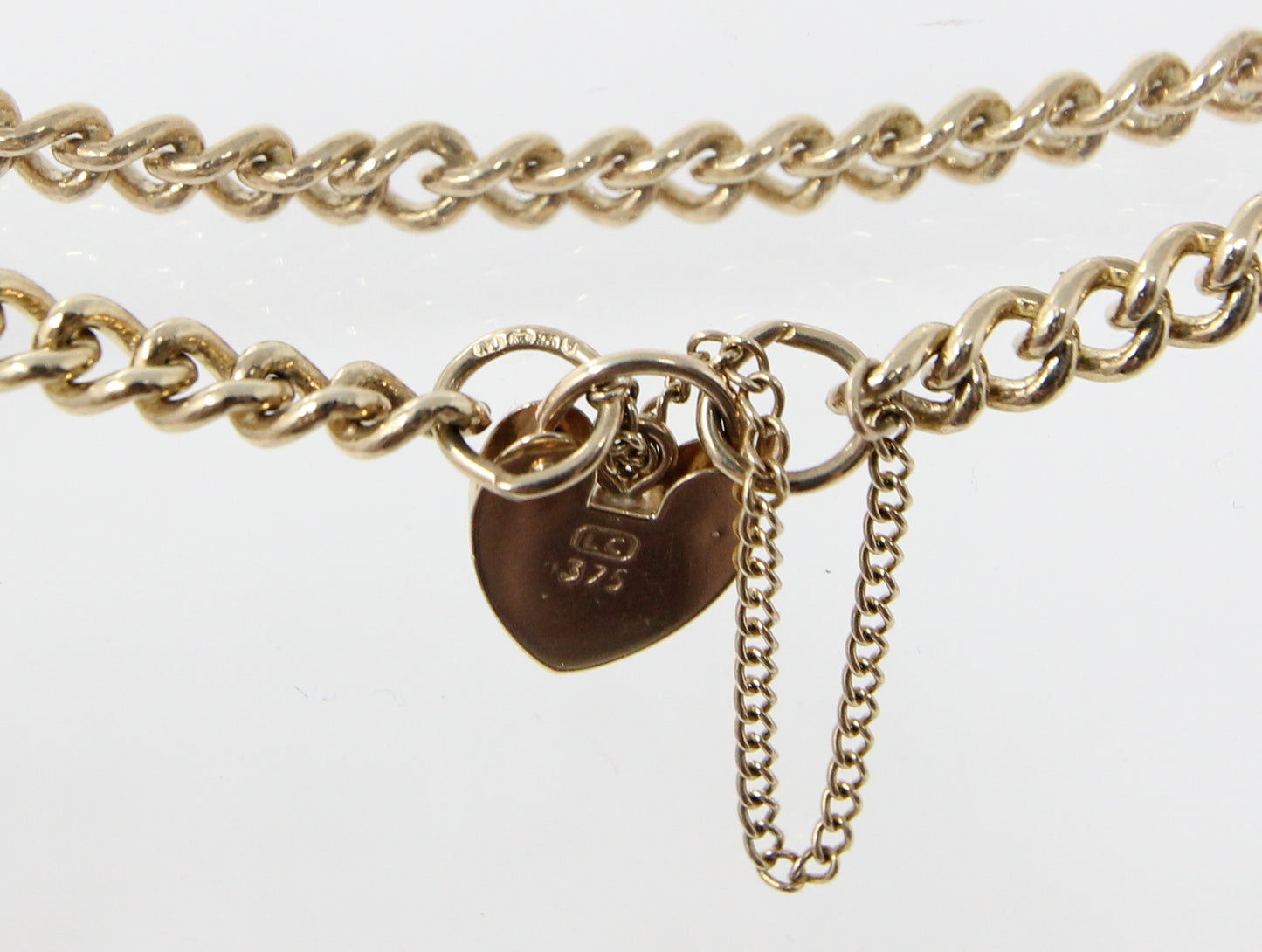 Vintage Hallmarked Solid 9ct 9k Gold Curb Chain Heart Padlock Bracelet 7.4 ''