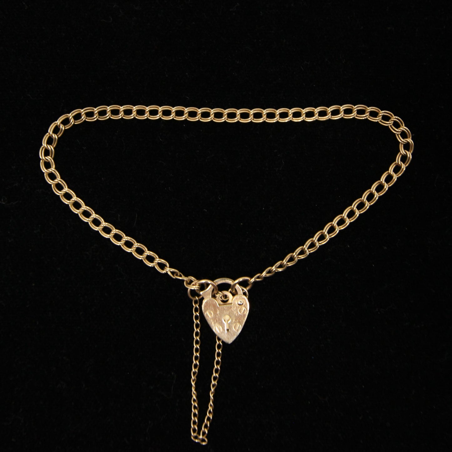 Vintage Hallmarked Solid 9ct 9k Gold Double Curb Chain Heart Padlock Bracelet 7 ''