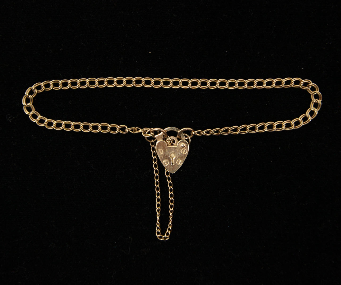 Vintage Hallmarked Solid 9ct 9k Gold Double Curb Chain Heart Padlock Bracelet 7 ''