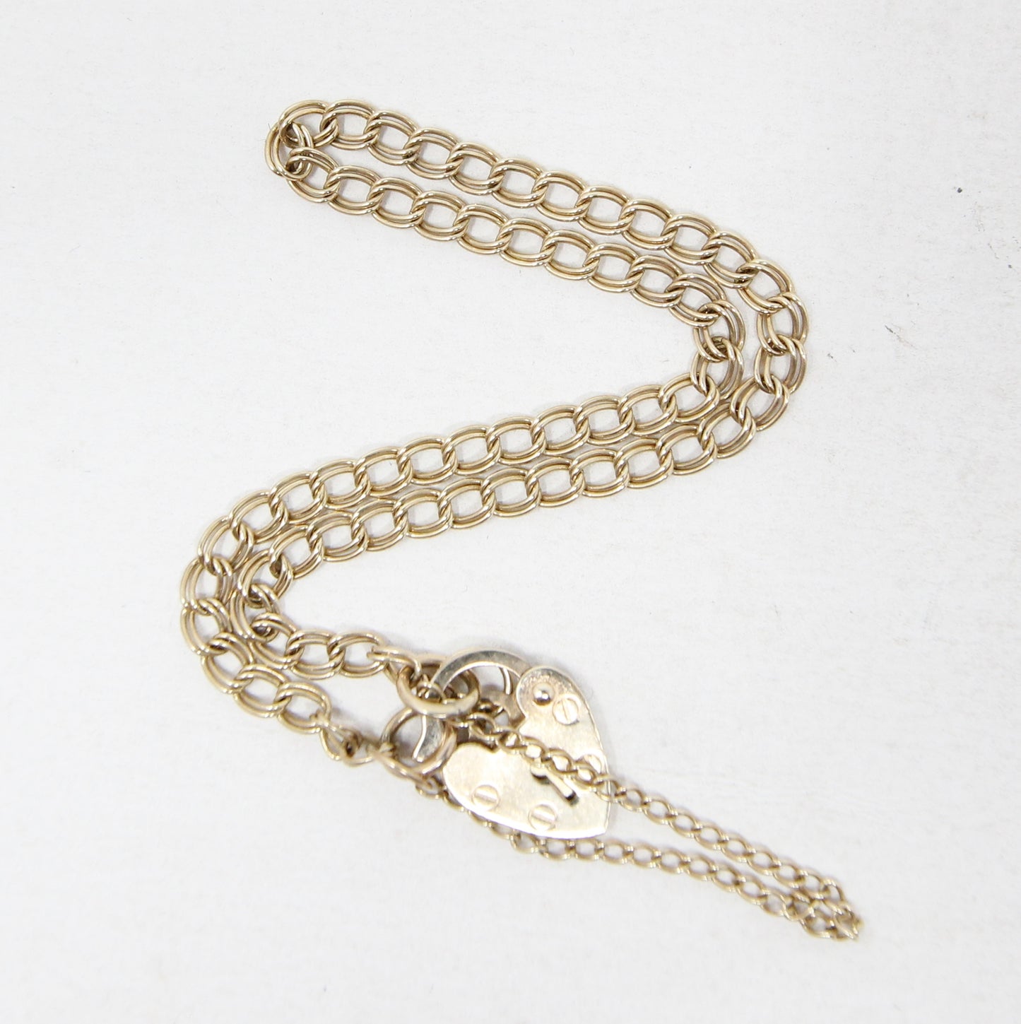 Vintage Hallmarked Solid 9ct 9k Gold Double Curb Chain Heart Padlock Bracelet 7 ''