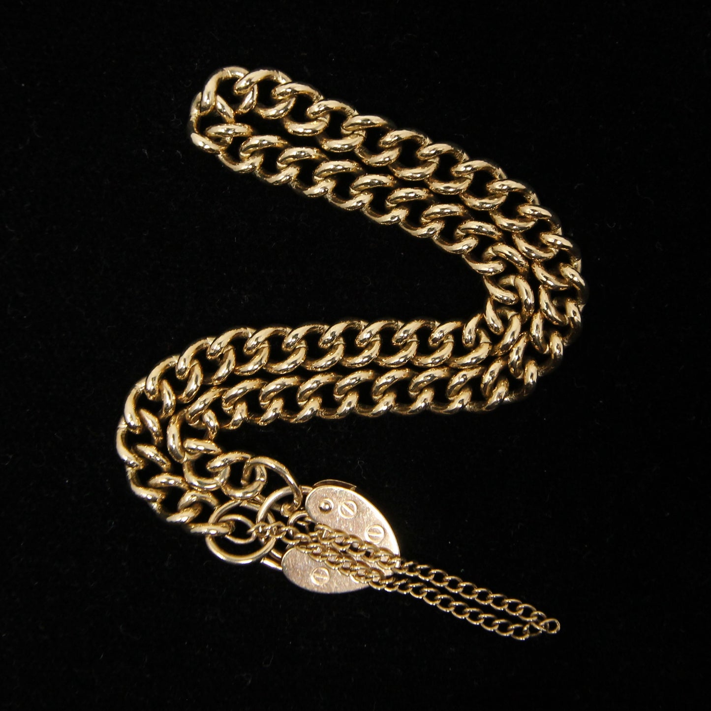 Vintage Hallmarked Solid 9ct 9k Gold Curb Chain Heart Padlock Bracelet 7.4 ''