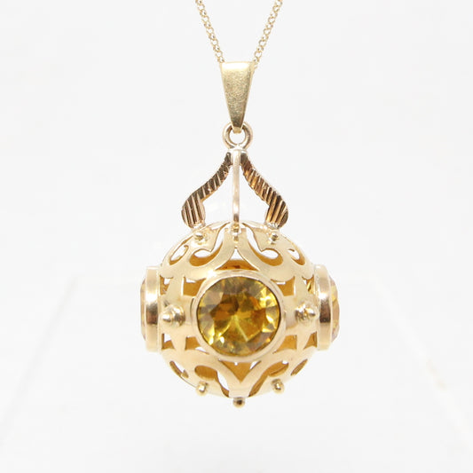 Vintage Solid 18ct 18k Gold Large 4Ct Citrine Arabic Orb Bauble Pendant