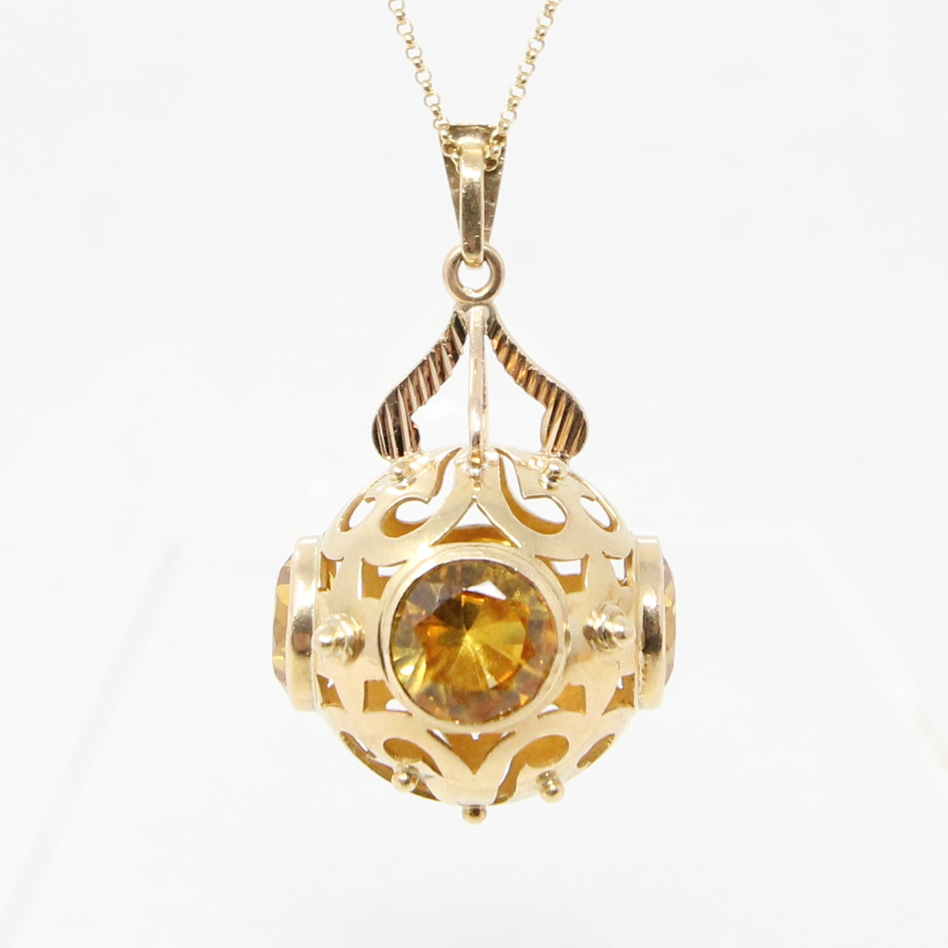 Vintage Solid 18ct 18k Gold Large 4Ct Citrine Arabic Orb Bauble Pendant for Necklace Chain