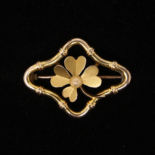 Antique Victorian Hallmarked Solid 15ct 15k Gold Clover Bamboo Brooch