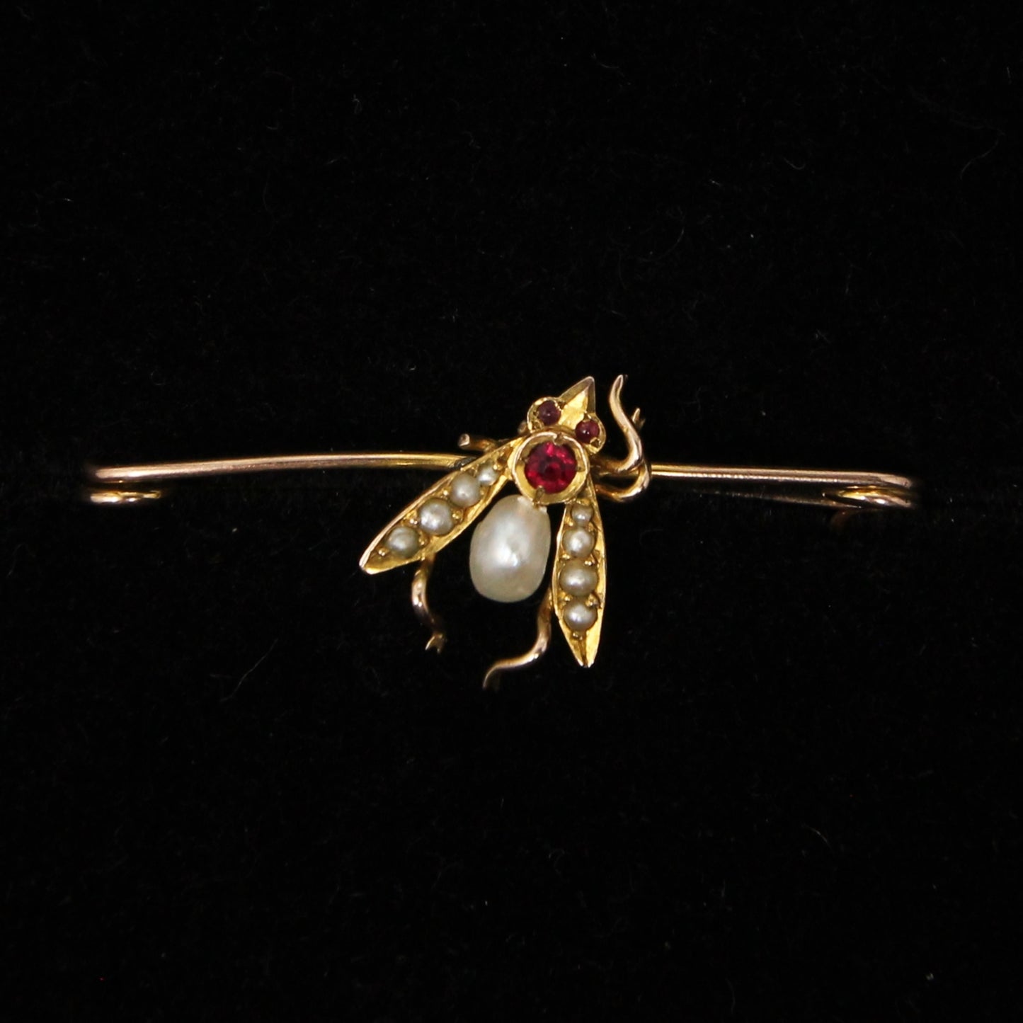 Antique Victorian Hallmarked Solid 9ct 9k Gold Natural Pearl Paste Fly Bee Brooch Safety Pin