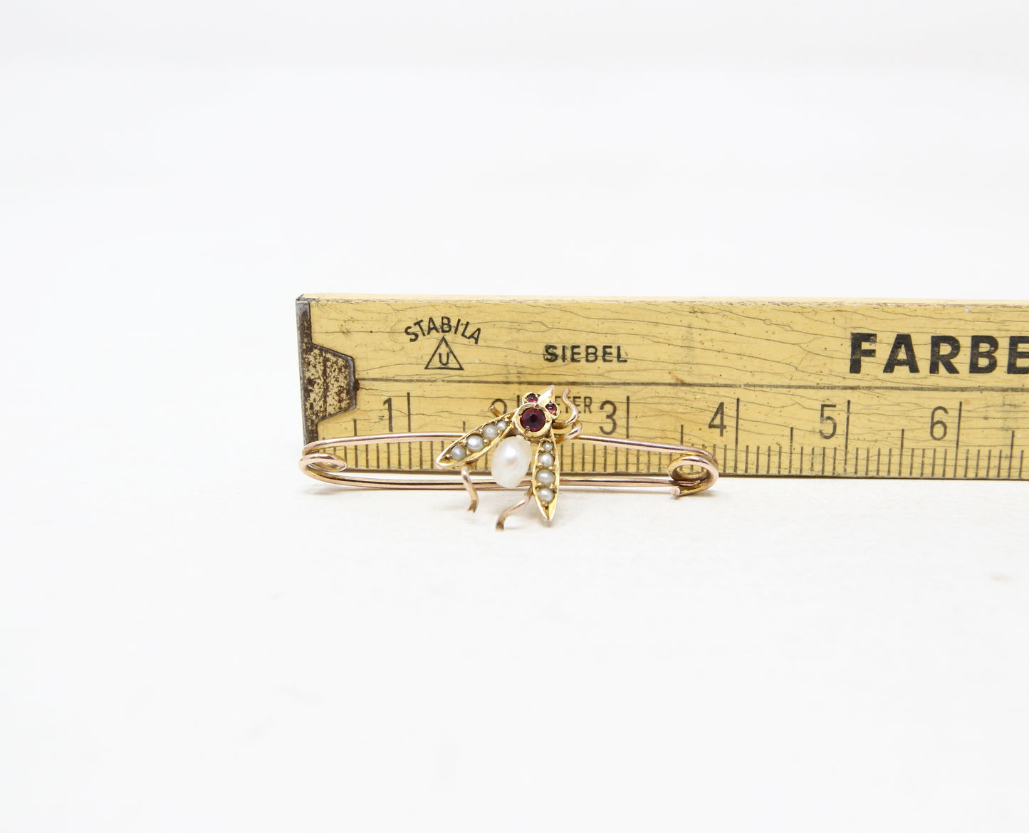 Antique Victorian Hallmarked Solid 9ct 9k Gold Natural Pearl Paste Fly Bee Brooch Safety Pin