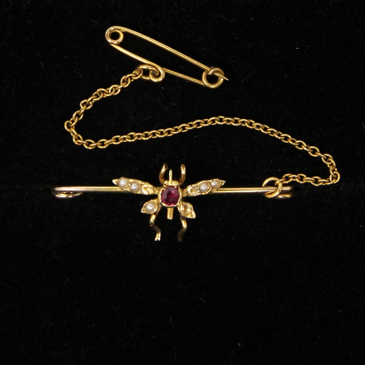 Victorian Solid 9ct 9k Gold Ruby Seed Pearl Bee Fly Brooch Safety Pin