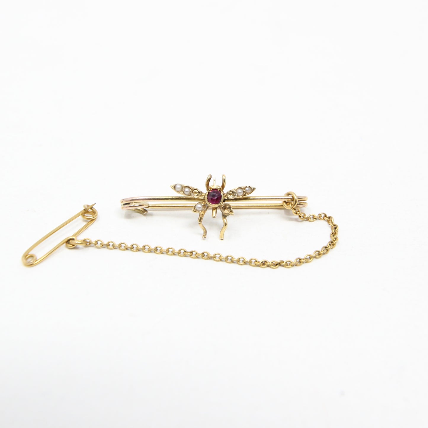 Victorian Solid 9ct 9k Gold Ruby Seed Pearl Bee Fly Brooch Safety Pin