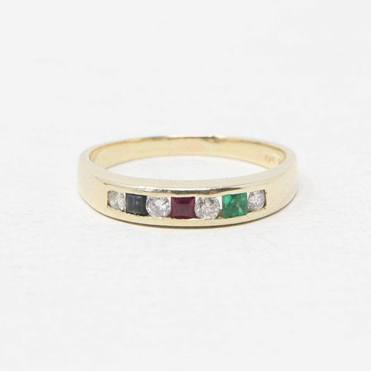 Vintage Solid 14ct 14k Gold Diamond Sapphire Ruby Emerald Half Eternity Ring Size P