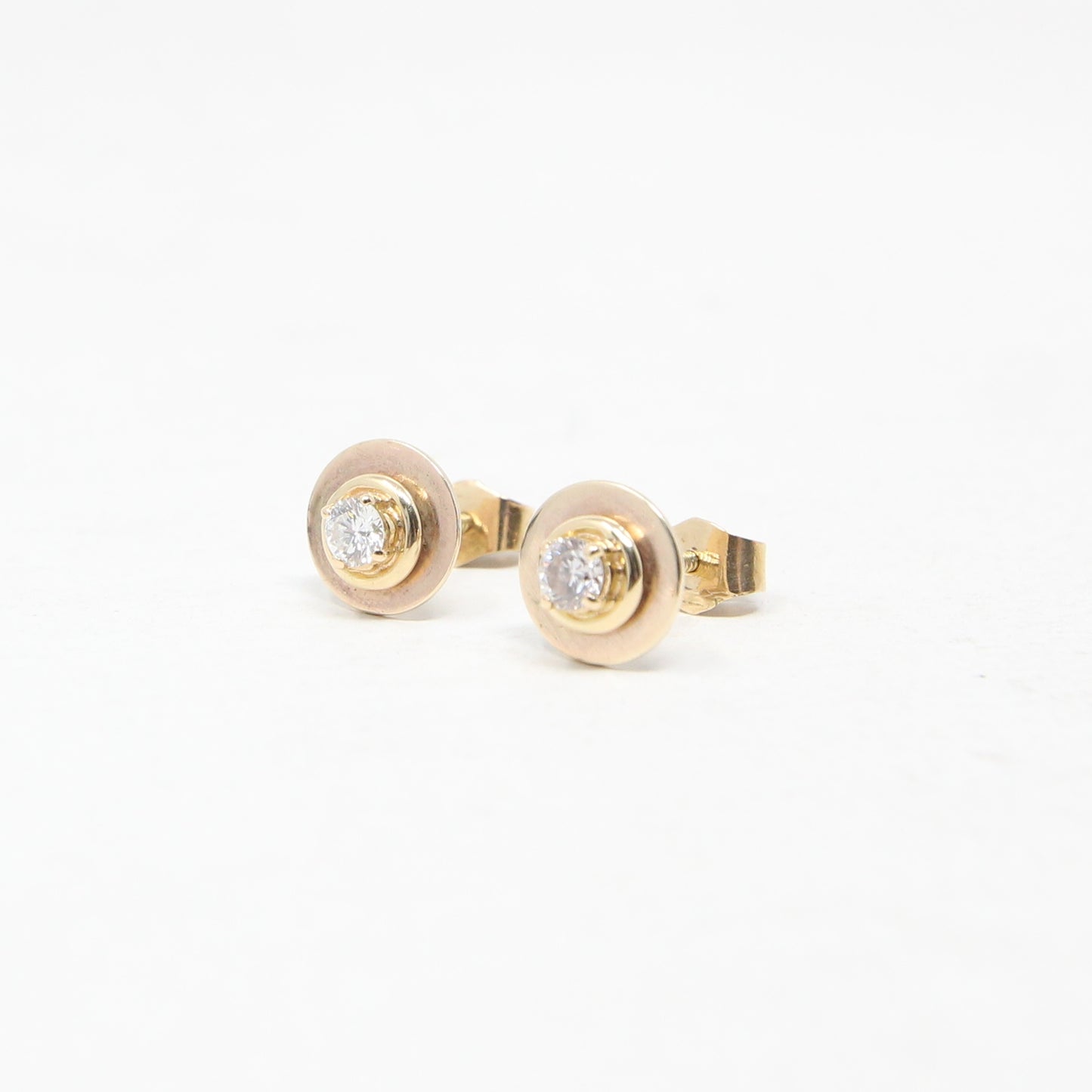 Vintage Hand Made Solid 18ct 18k Gold 0.2Ct Diamond Target Stud Earrings