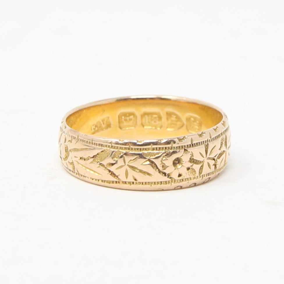 Antique Edwardian 1908 Chester Hallmarked Solid 18ct 18k Gold Floral Ivy Band Ring Size L