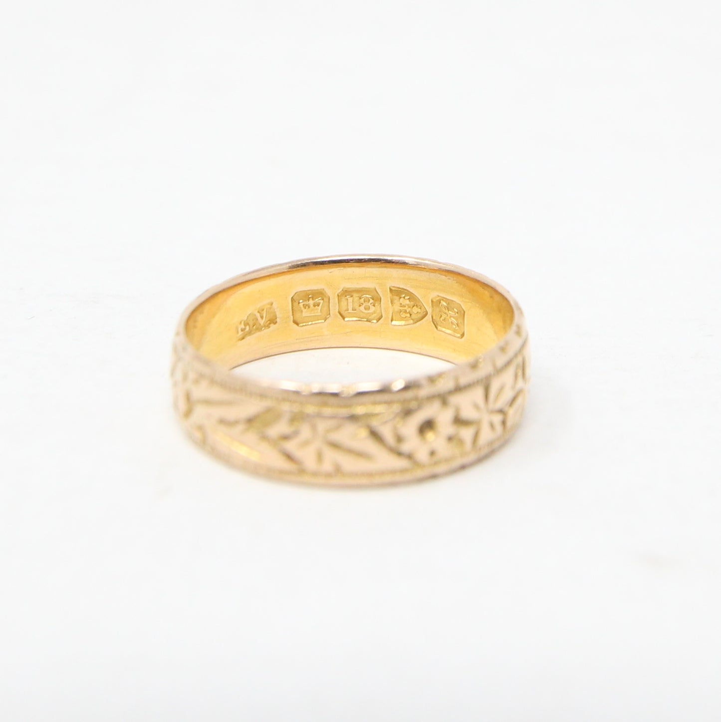 Antique Edwardian 1908 Chester Hallmarked Solid 18ct 18k Gold Floral Ivy Band Ring Size L