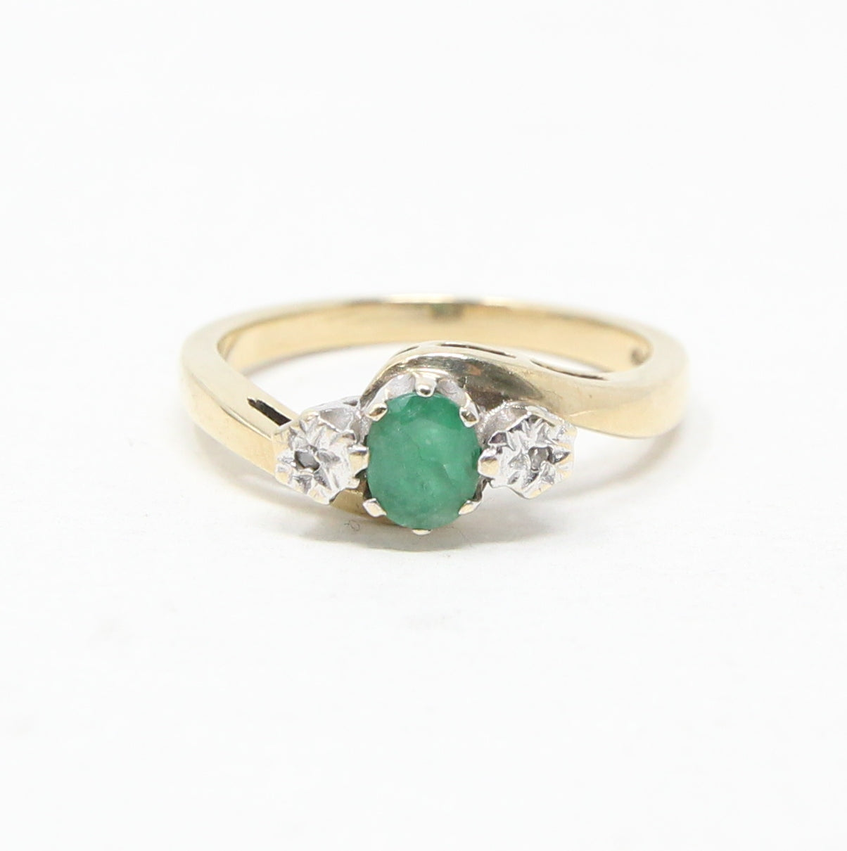 Vintage English Hallmarked Solid 9ct 9k Gold Emerald Diamond Trilogy Ring Size N