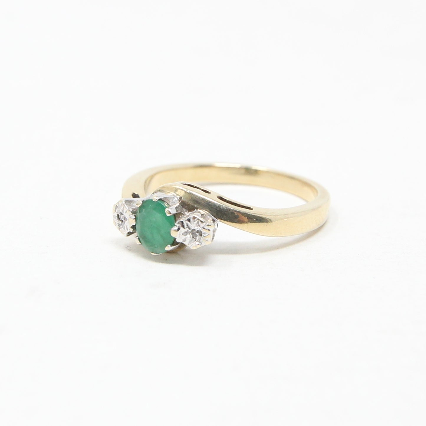 Vintage English Hallmarked Solid 9ct 9k Gold Emerald Diamond Trilogy Ring Size N