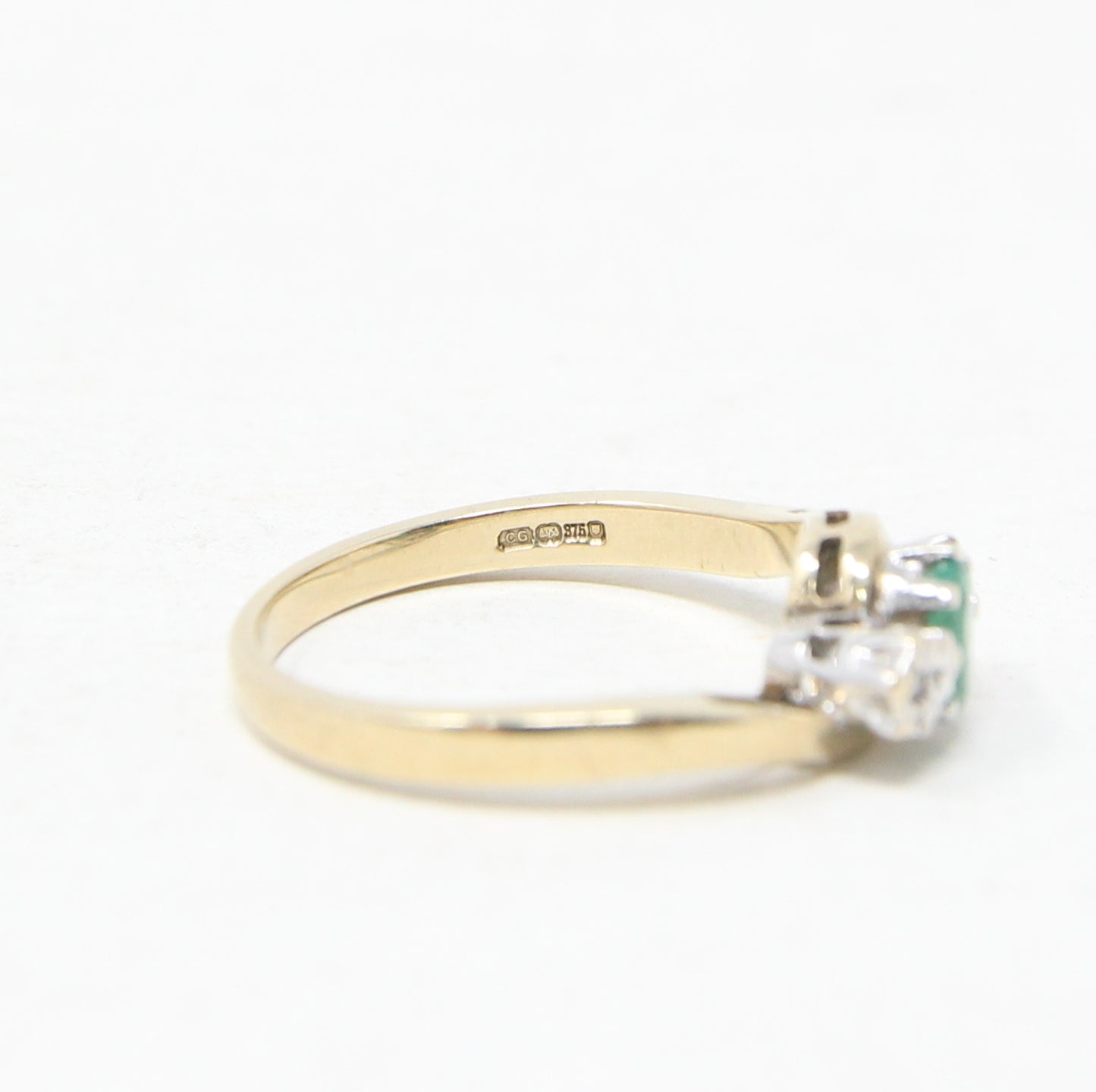 Vintage English Hallmarked Solid 9ct 9k Gold Emerald Diamond Trilogy Ring Size N