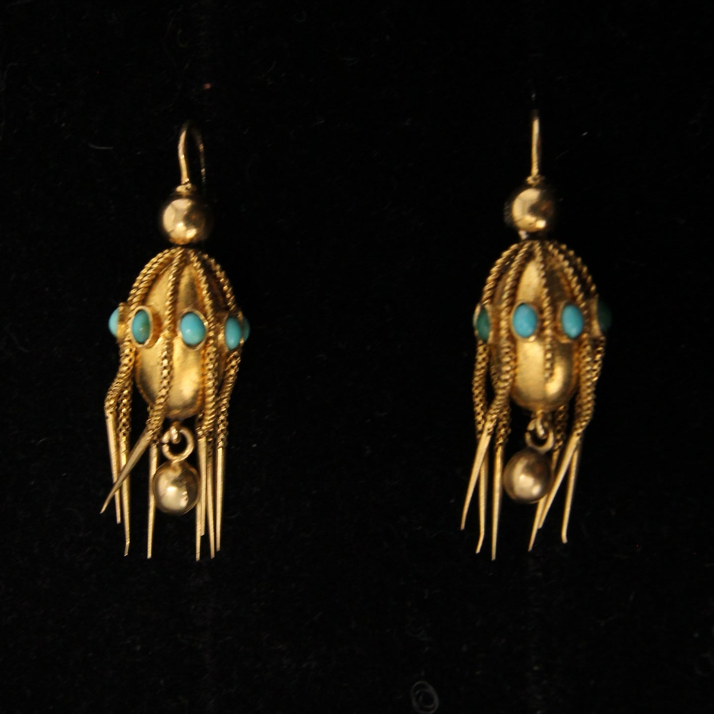 Antique Victorian Solid 18ct 18k Gold Etruscan Turquoise Drop Dangle Earrings