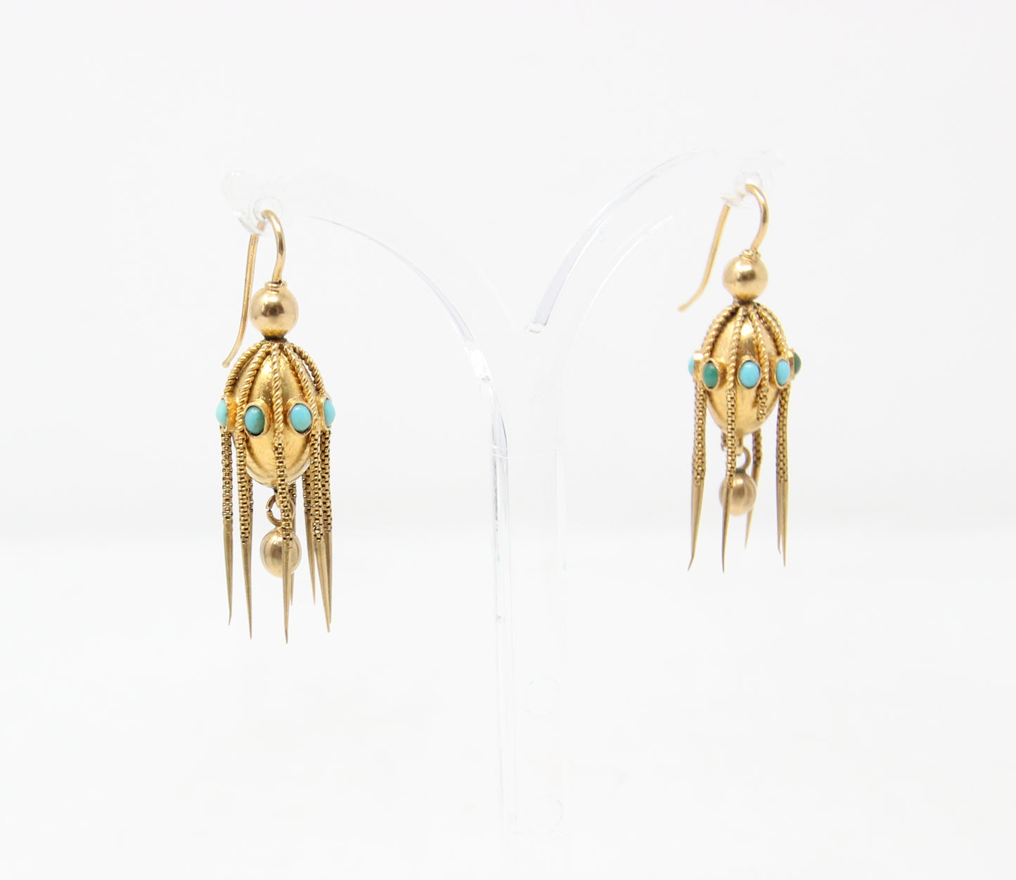 Antique Victorian Solid 18ct 18k Gold Etruscan Turquoise Drop Dangle Earrings