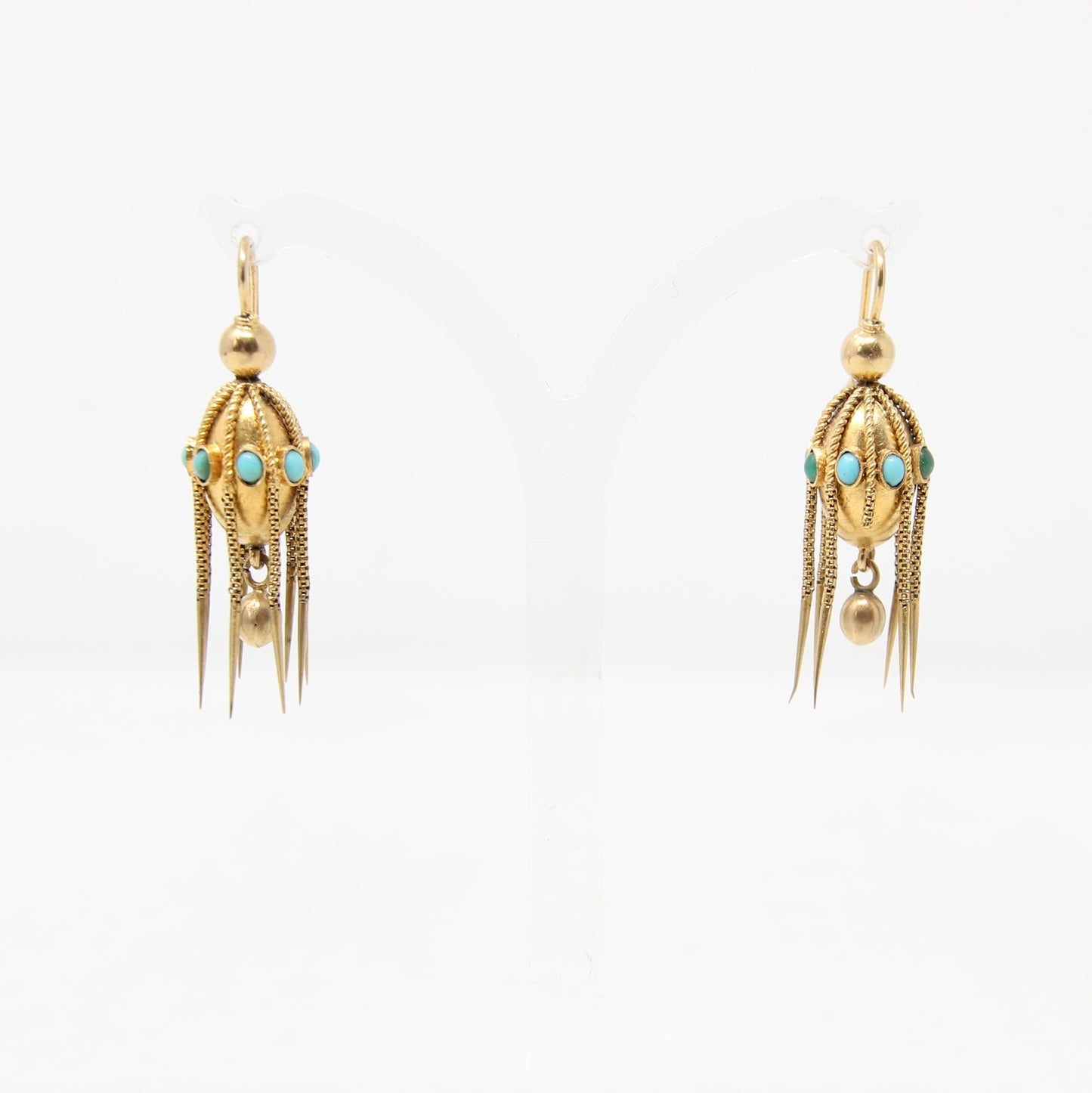 Antique Victorian Solid 18ct 18k Gold Etruscan Turquoise Drop Dangle Earrings