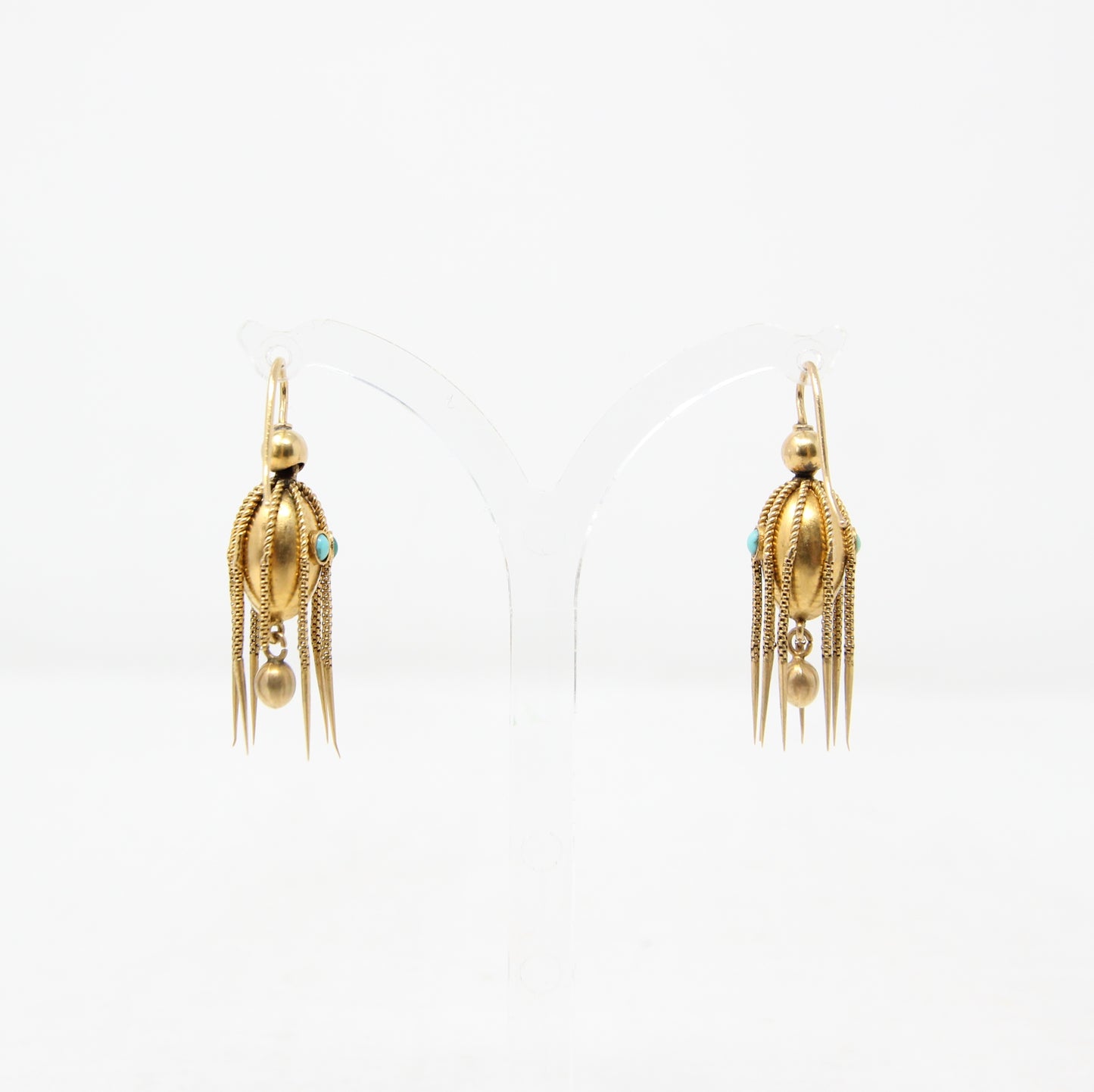 Antique Victorian Solid 18ct 18k Gold Etruscan Turquoise Drop Dangle Earrings