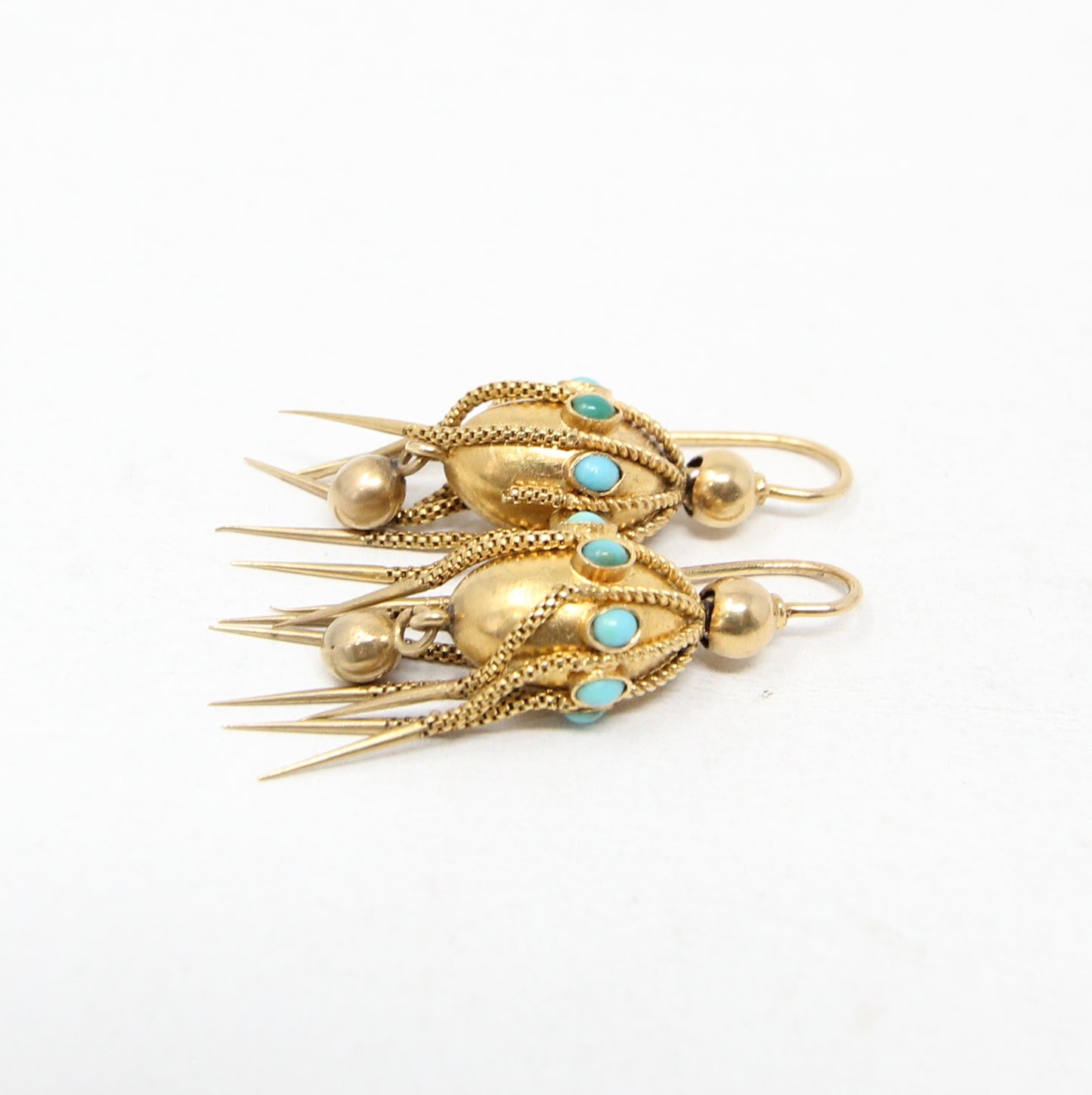 Antique Victorian Solid 18ct 18k Gold Etruscan Turquoise Drop Dangle Earrings