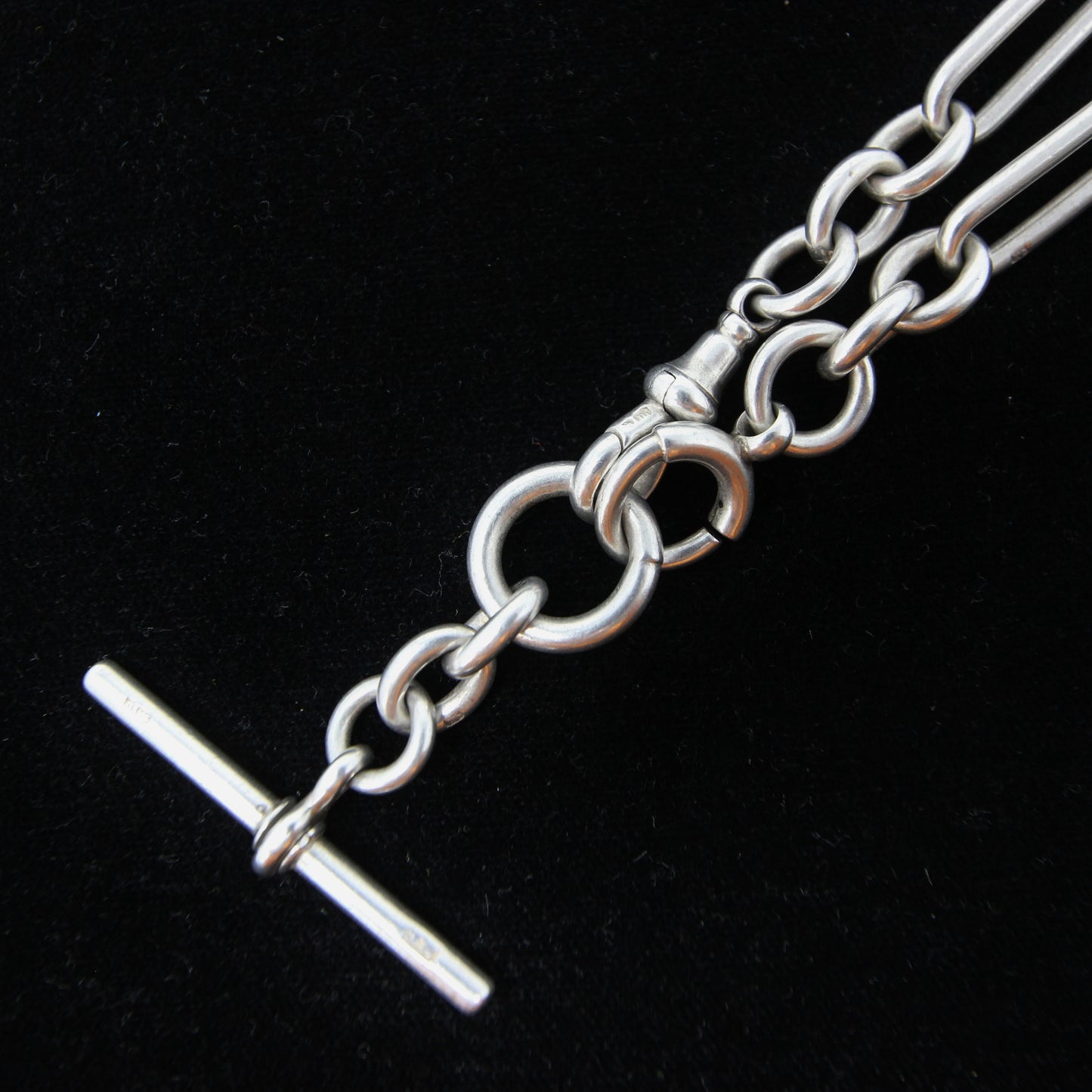 Antique 1876 Hallmarked Solid Sterling Silver Trombone Double Albert Chain Necklace 17'' 57g