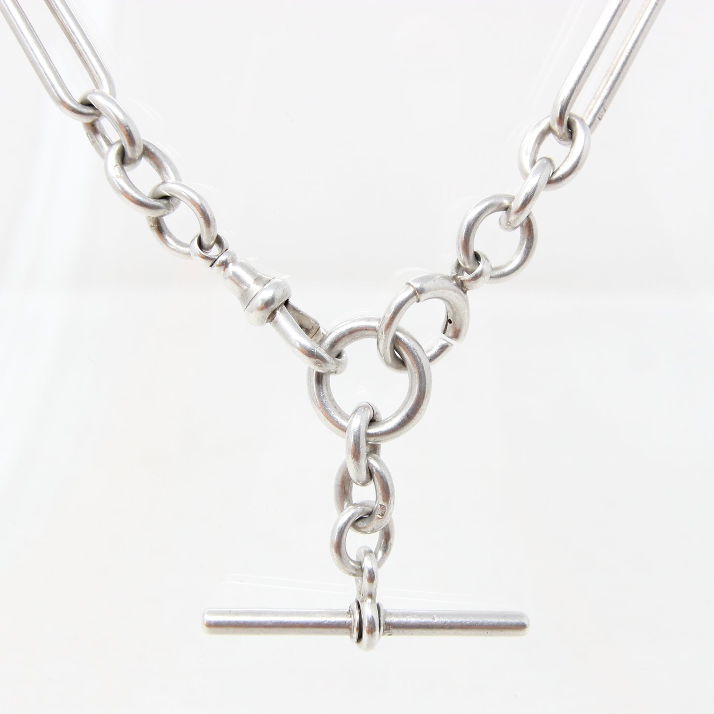 Antique 1876 Hallmarked Solid Sterling Silver Trombone Double Albert Chain Necklace 17'' 57g