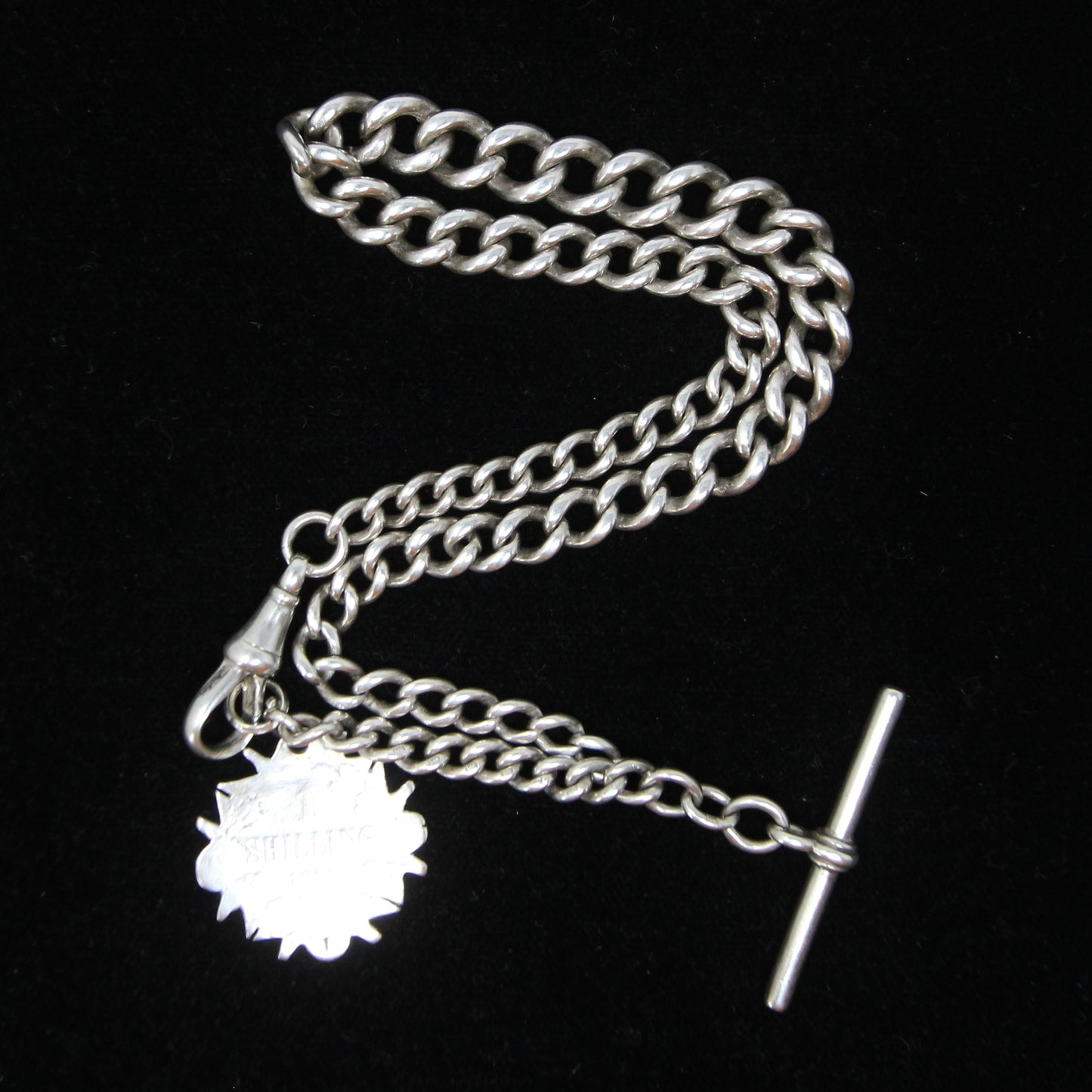 Antique 1914 Hallmarked Solid Sterling Silver Single Albert Curb Chain Shilling Fob 13'' 33g