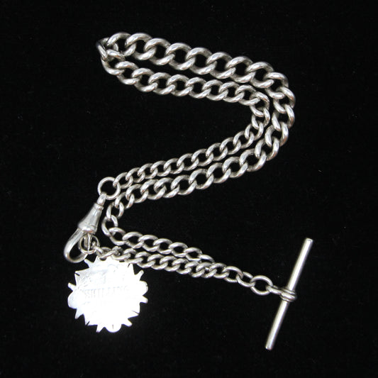 Antique 1914 Hallmarked Solid Sterling Silver Single Albert Curb Chain Shilling Fob 13'' 33g