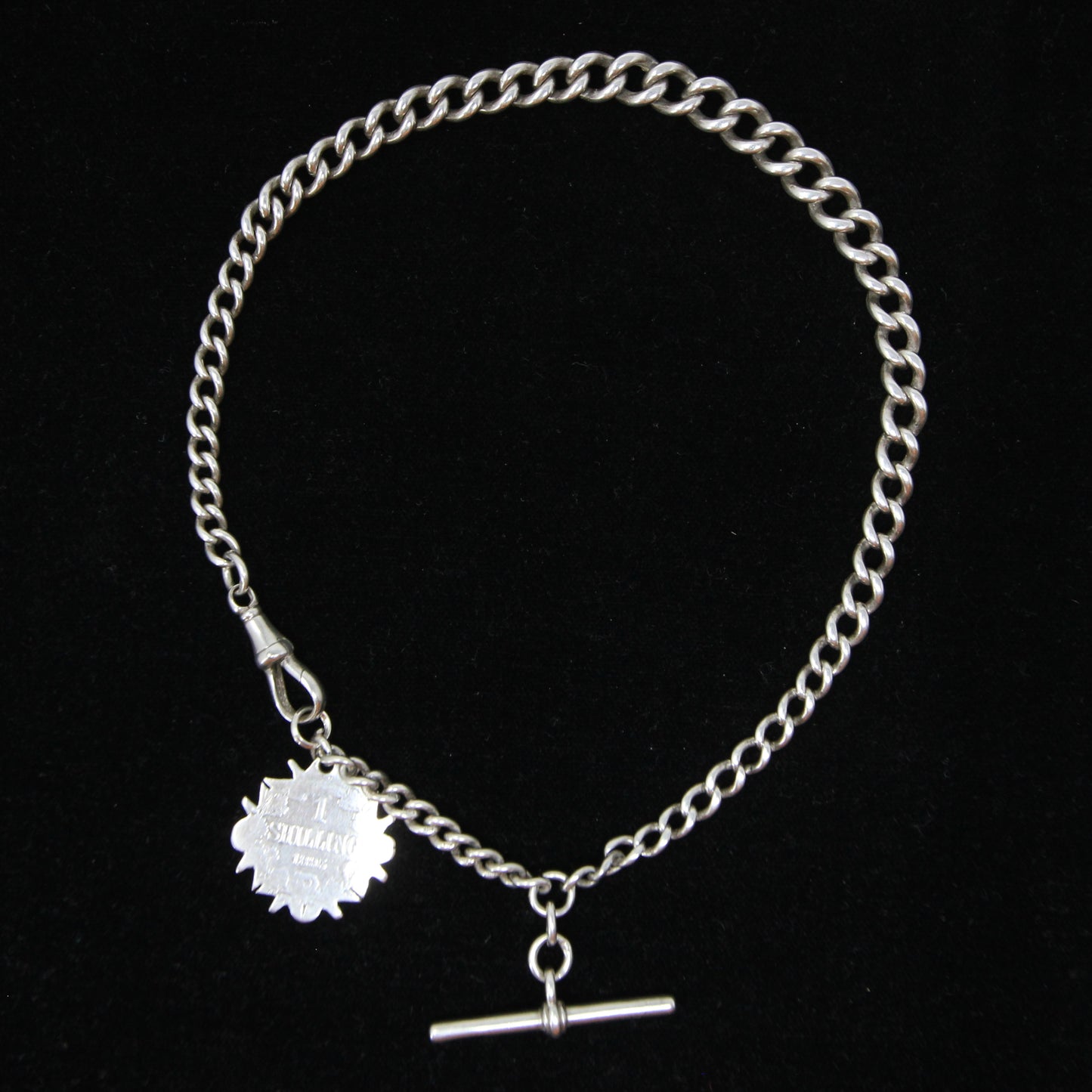 Antique 1914 Hallmarked Solid Sterling Silver Single Albert Curb Chain Shilling Fob 13'' 33g