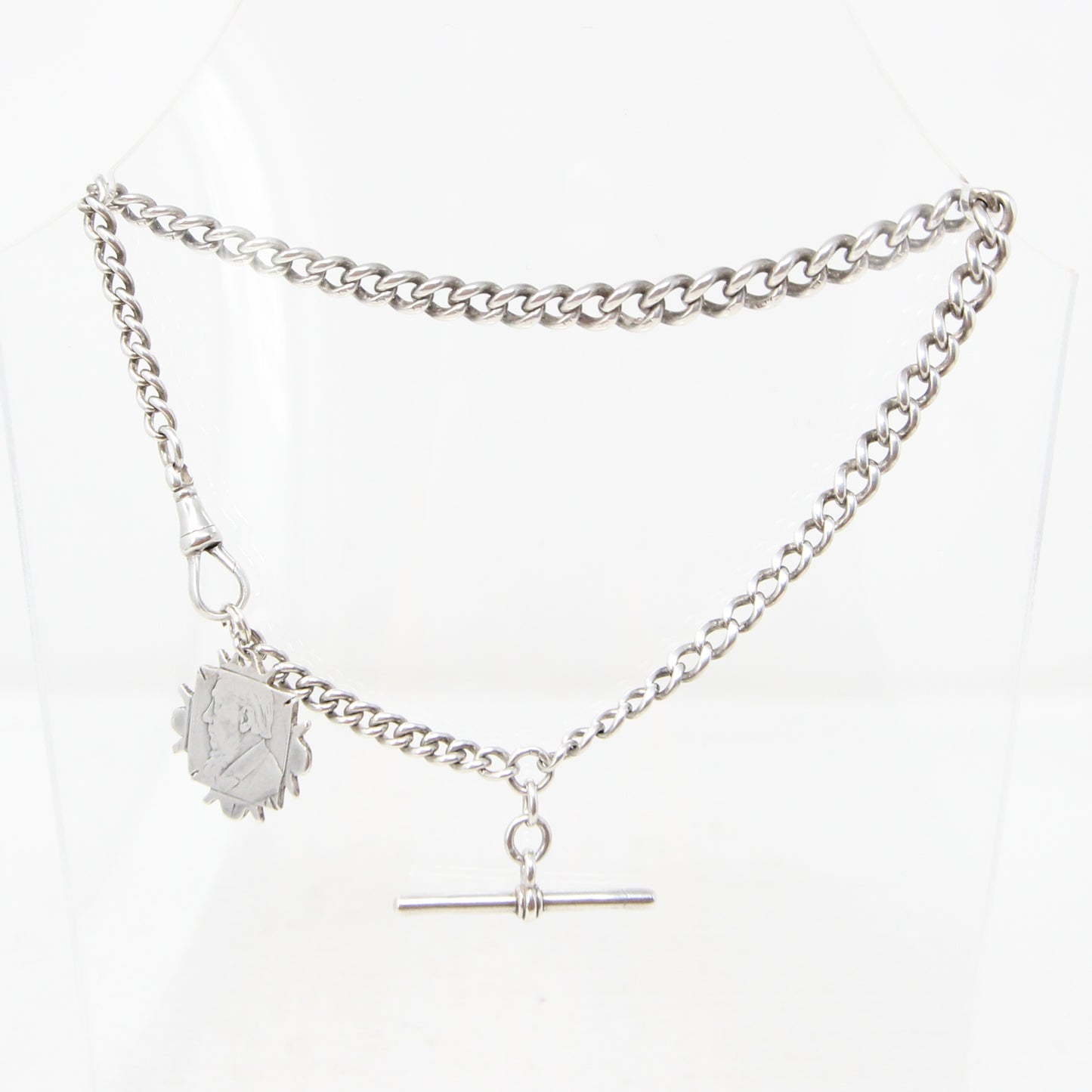 Antique 1914 Hallmarked Solid Sterling Silver Single Albert Curb Chain Shilling Fob 13'' 33g