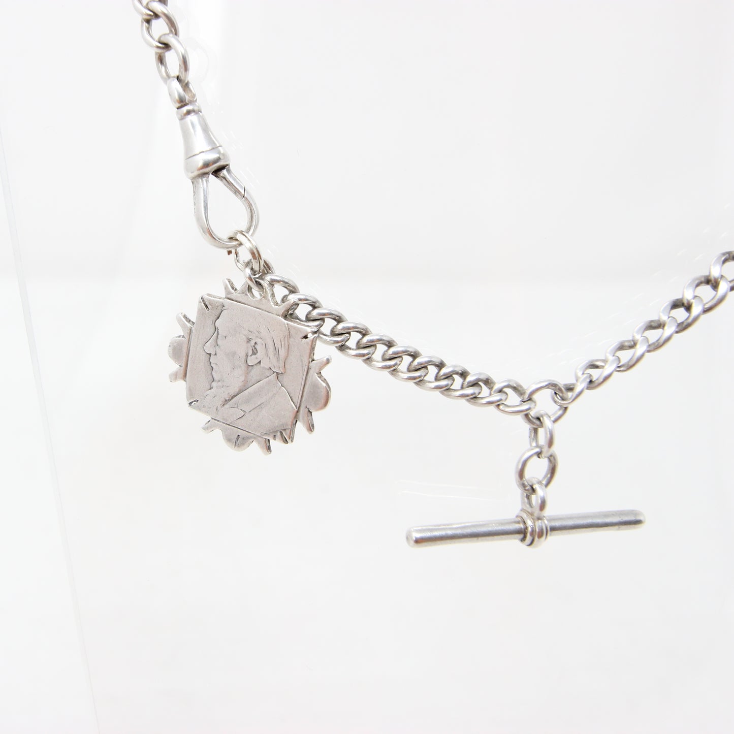 Antique 1914 Hallmarked Solid Sterling Silver Single Albert Curb Chain Shilling Fob 13'' 33g