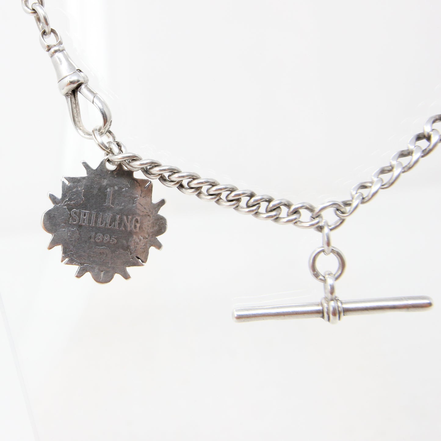 Antique 1914 Hallmarked Solid Sterling Silver Single Albert Curb Chain Shilling Fob 13'' 33g