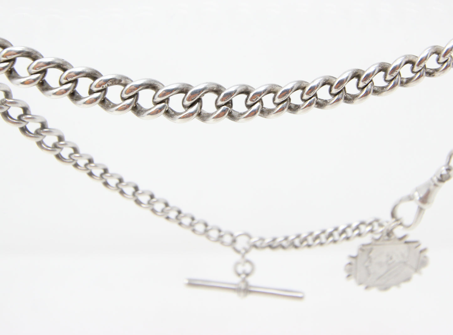 Antique 1914 Hallmarked Solid Sterling Silver Single Albert Curb Chain Shilling Fob 13'' 33g