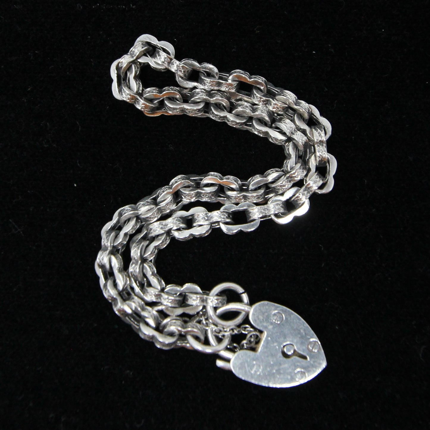 Antique Solid Sterling Silver Fancy Link Heart Padlock Chain Bracelet 7.75'' 8g