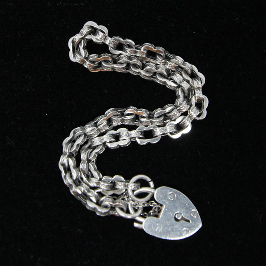 Antique Solid Sterling Silver Fancy Link Heart Padlock Chain Bracelet 7.75'' 8g