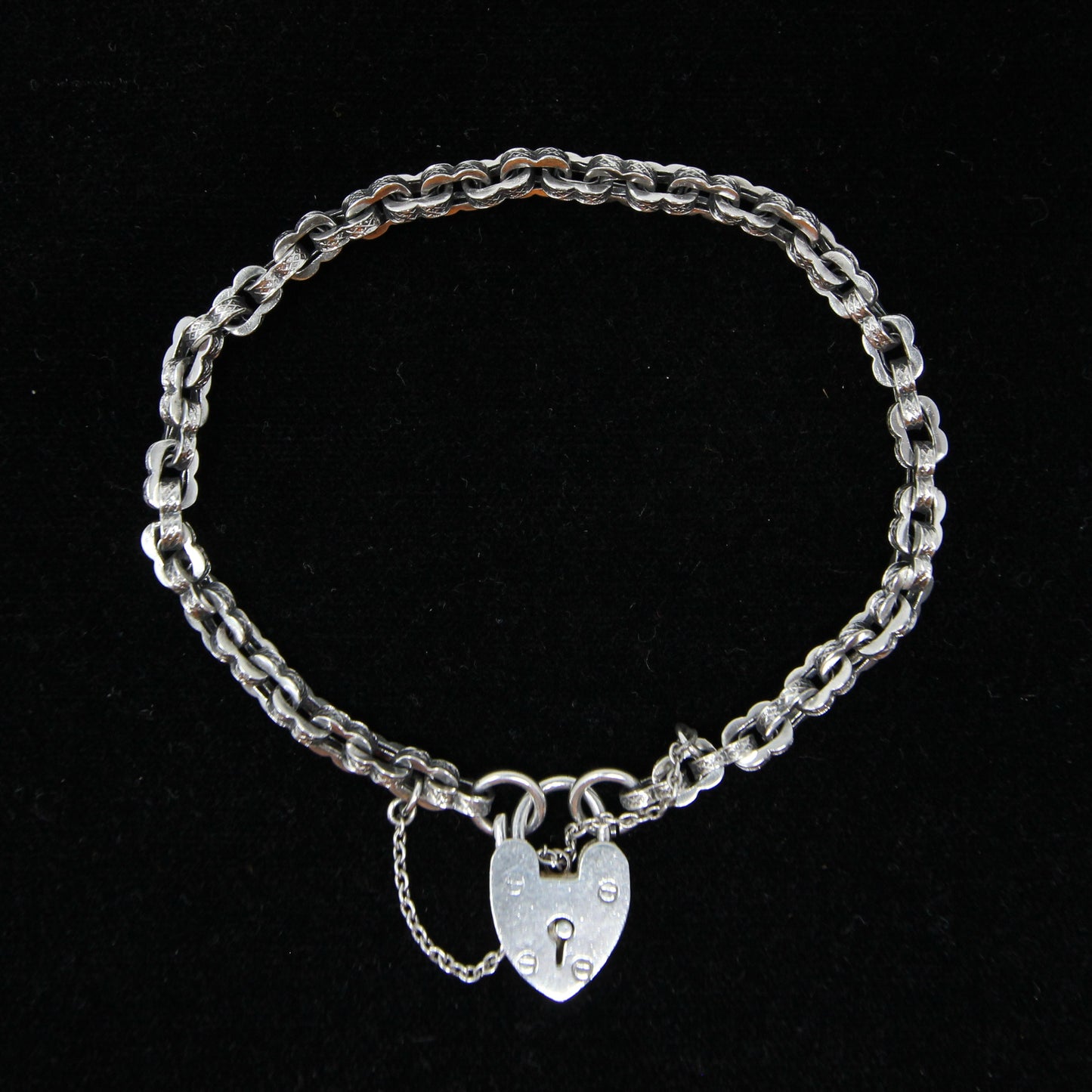 Antique Solid Sterling Silver Fancy Link Heart Padlock Chain Bracelet 7.75'' 8g