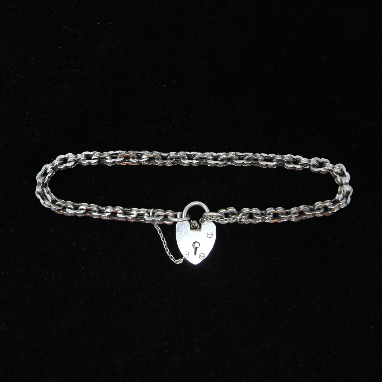 Antique Solid Sterling Silver Fancy Link Heart Padlock Chain Bracelet 7.75'' 8g