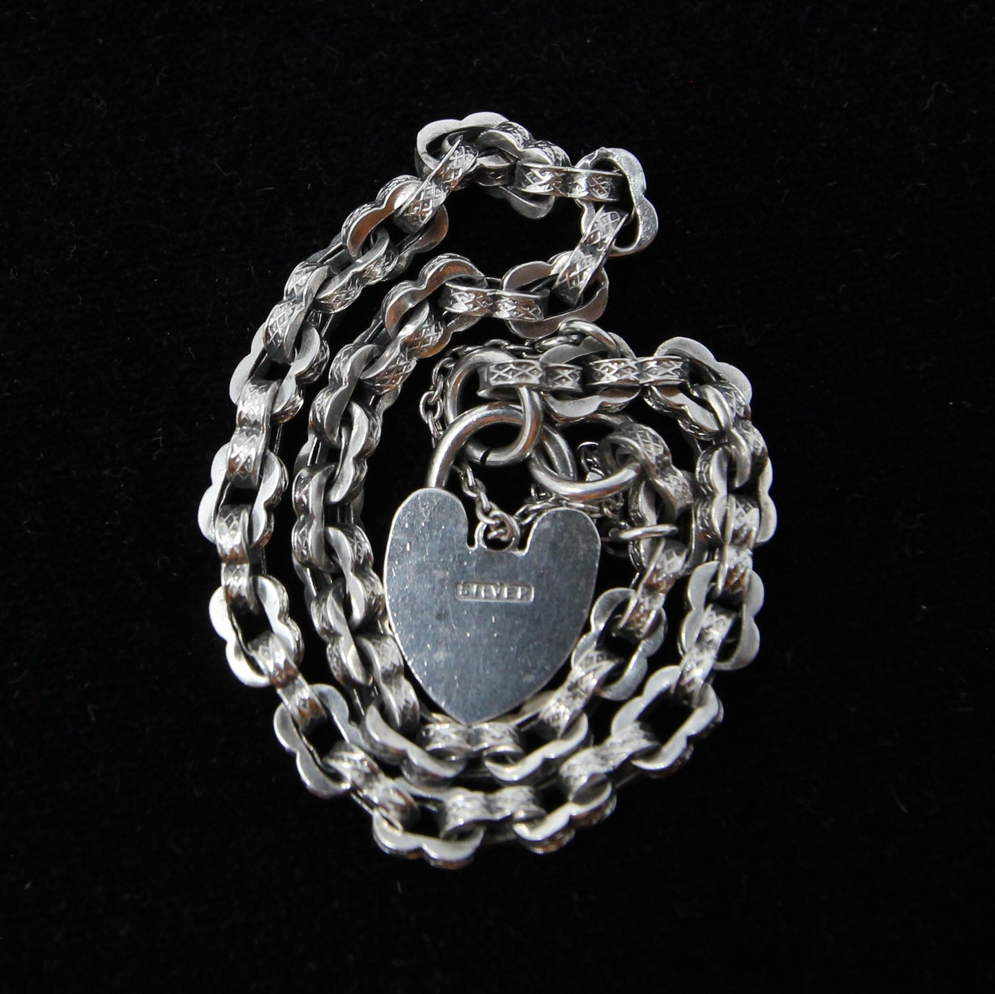 Antique Solid Sterling Silver Fancy Link Heart Padlock Chain Bracelet 7.75'' 8g