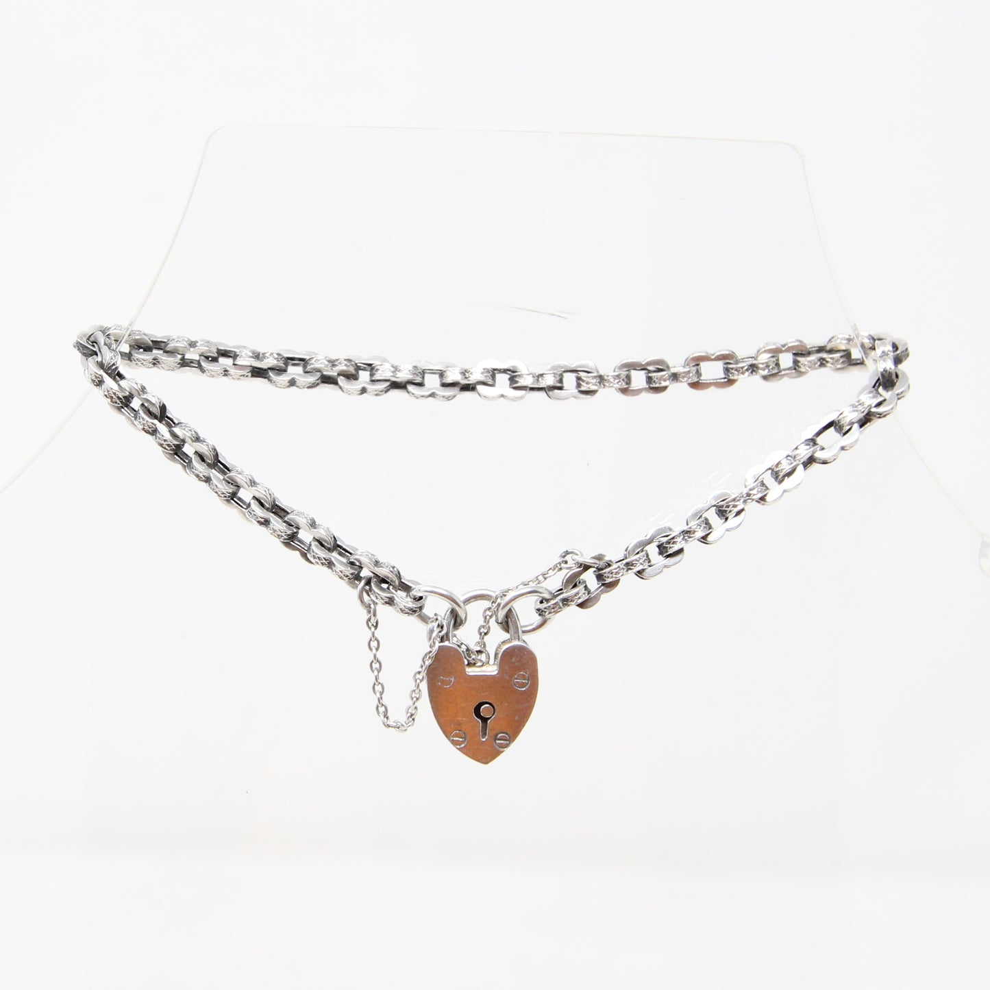 Antique Solid Sterling Silver Fancy Link Heart Padlock Chain Bracelet 7.75'' 8g