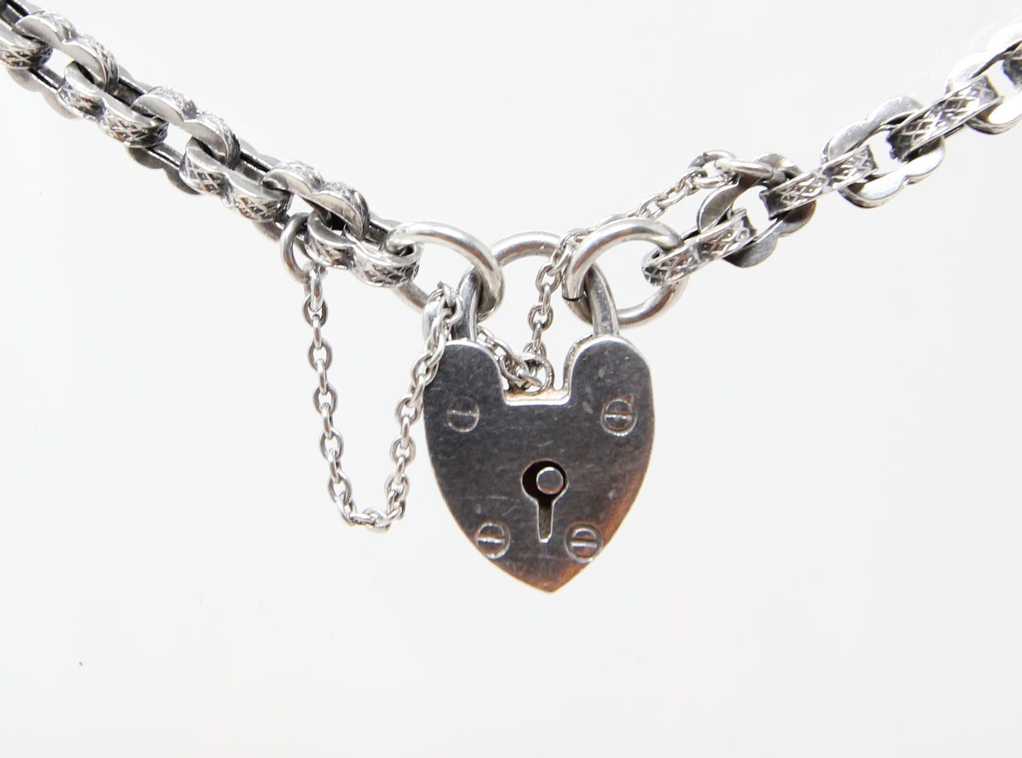 Antique Solid Sterling Silver Fancy Link Heart Padlock Chain Bracelet 7.75'' 8g