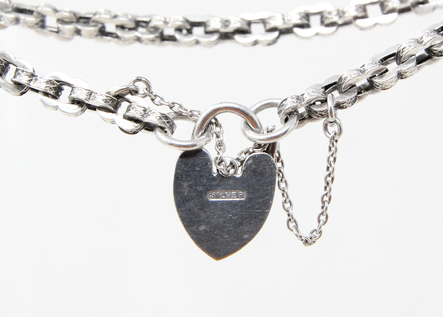 Antique Solid Sterling Silver Fancy Link Heart Padlock Chain Bracelet 7.75'' 8g