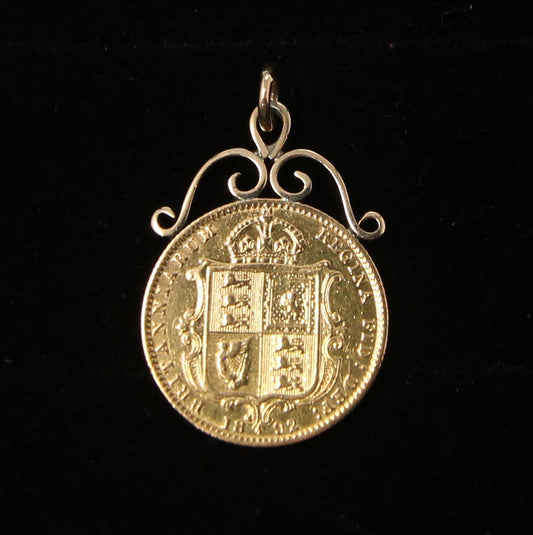 Antique 1892 Solid 22ct 22k Gold Shield Back Half Sovereign 9ct 9k Gold Mount Pendant
