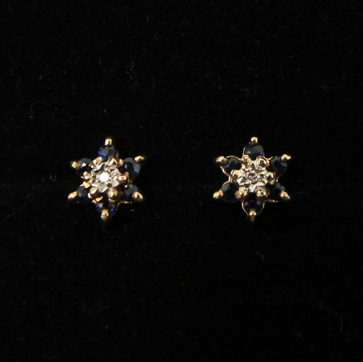 Vintage 1984 Hallmarked Solid 9ct 9k Gold Diamond Sapphire Star Stud Earrings