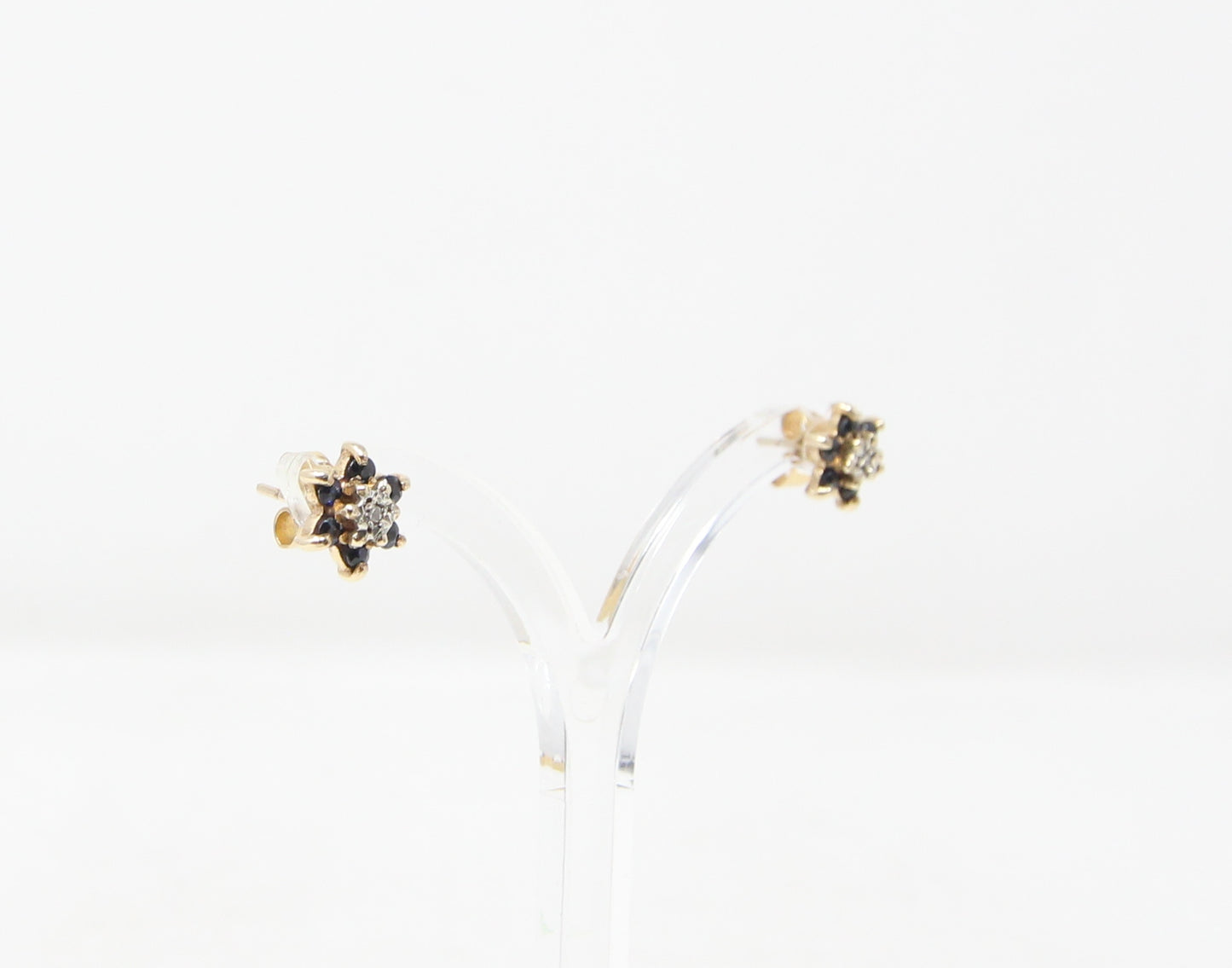 Vintage 1984 Hallmarked Solid 9ct 9k Gold Diamond Sapphire Star Stud Earrings